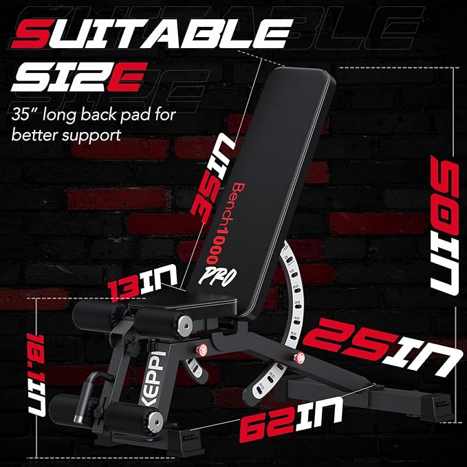 Keppi 1200LB Weight Bench, Heavy Duty Bench1000 PRO Adjustable Workout Bench Press Set for Home Gym Strength Training, Removable Foot Catch for Incline Flat Decline Sit Up Bench for Full Body Fitness