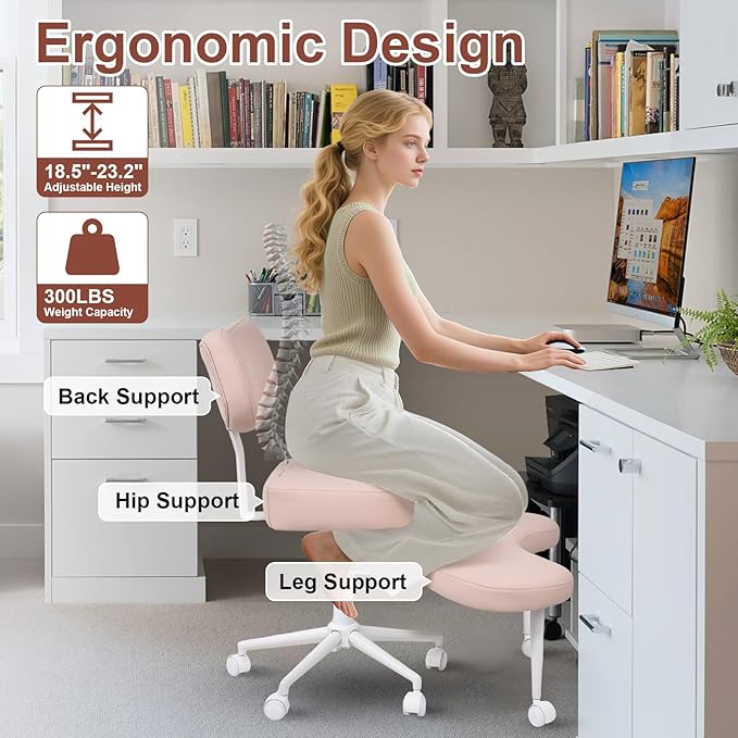 Meditation Chair Cross Legged ADHD Office Chair for Adults with Wheels Ergonomic Back Support and Leg Rest for Multi Position Criss Cross Sitting Kneeling and Yoga Height Adjustable, Leather Style