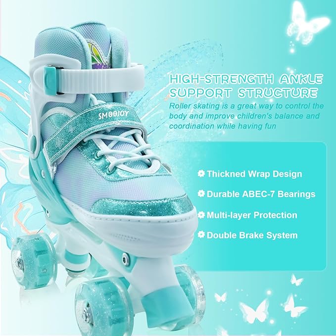 Kids Roller Skates for Girls-Outdoor 4 Size Adjustable Butterfly Quad Rollerskates for Indoor Ages 3-12 Years Beginners Children's Birthday Gift with Light Up Wheels patines para niñas Indoor