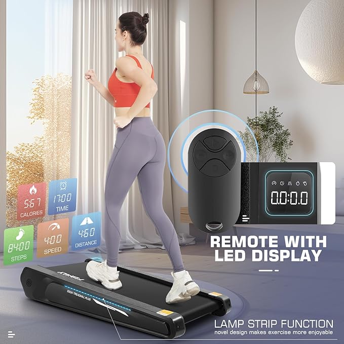 FUNMILY Smallest Walking Pad with 5% Incline, 2 in 1 Under Desk Treadmill for Home Office, 2.5 HP Mini Compact Walking Treadmill, Installation-Free/300lbs Weight Capacity/Unique Lighting Design