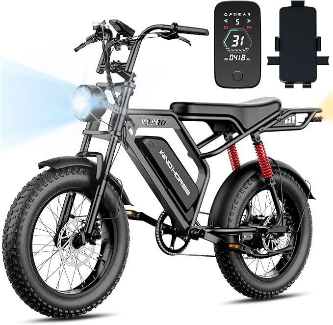 Electric Bike for Adults, 20" Fat Tire EBike 31MPH, 65Miles PAS Range, 1500W Peak Motor Electric Dirt Bike with Long Seat, Rear Rack, 48V 15.6AH Battery All-Terrain Electric Mountain Bike for Off-Road