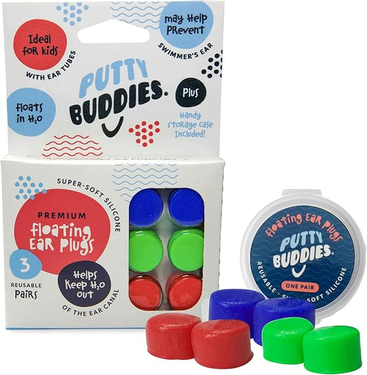 Earvolution Floating Putty Buddies Ear Plugs for Swimming - Invented by an Ear Physician - Moldable, Premium, Silicone - Floats on Water - Waterproof - Made in The USA - 3 Pack - Blue/Red/Green