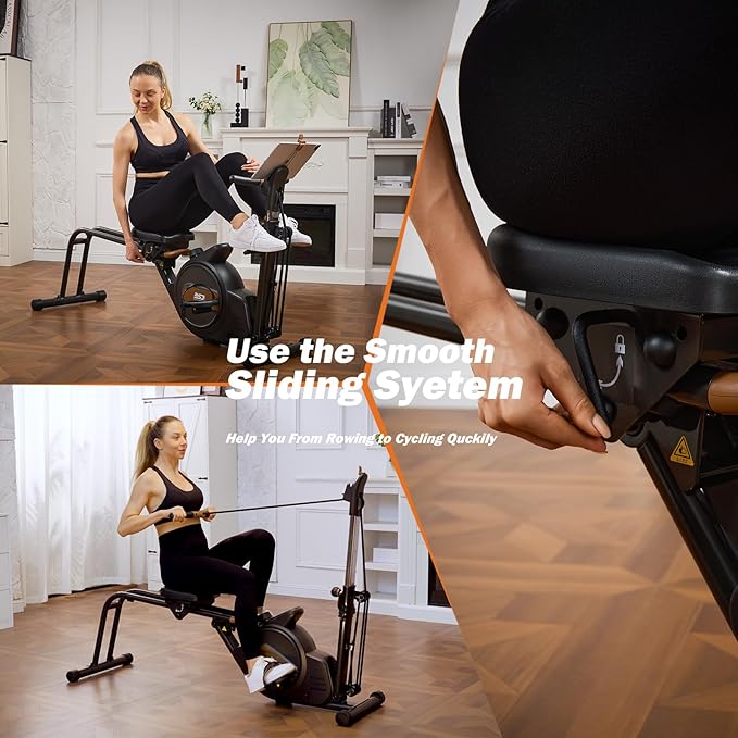 3 in 1 Rowing Machine, Dual Slide Rail 6-Level Adjustable Height with Max 350lb Weight Capacity, Home Fitness Rower for Full Body Workout, App Compatible