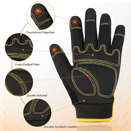 JUMPHIGH Safety Work Gloves 2 Pairs, Men's Utility Mechanic Working Gloves for Gardening Construction, Touchscreen Compatible, Flexible Breathable Fit, Knuckles & Palm (M)