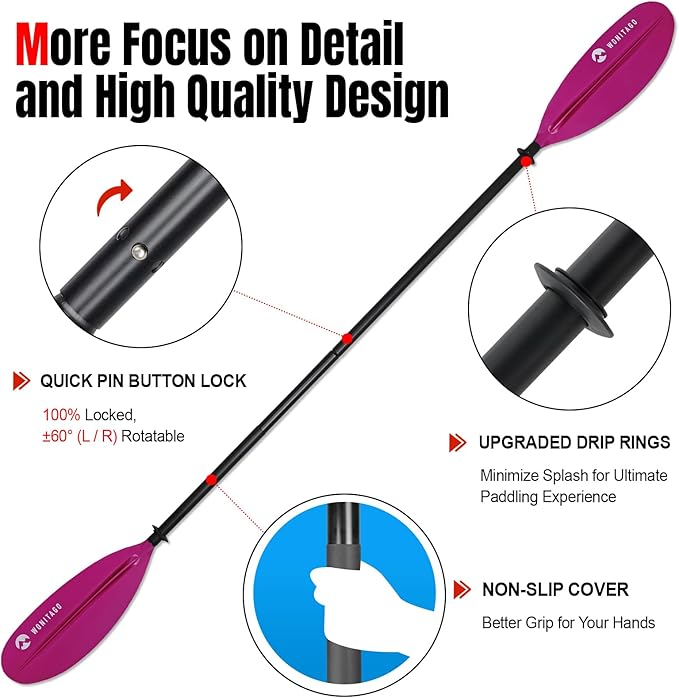 Kayak Paddle with Aluminum Shaft and Reinforced PP Blade, Floating Kayak Oar for Kayaking Canoeing and Boating, 220 cm/86 inches - 230 cm/90 inches