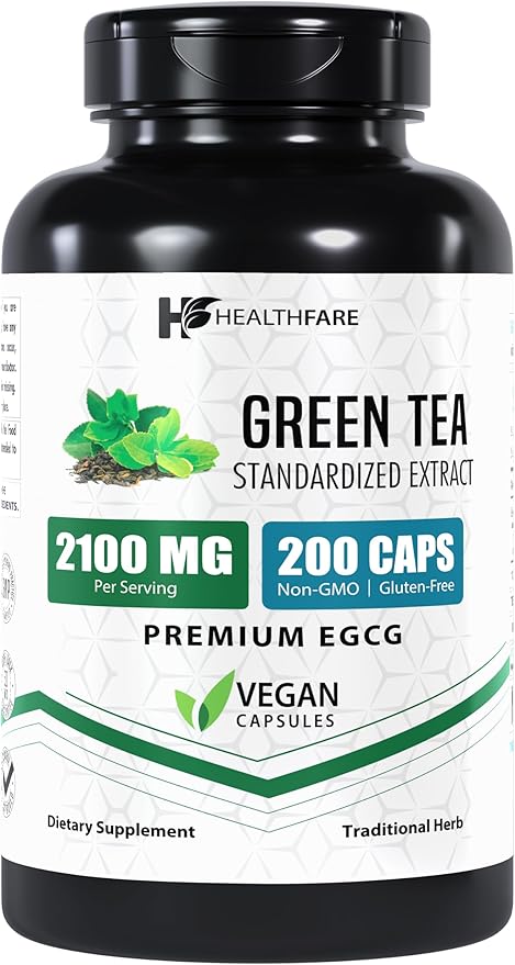 EGCG Green Tea Extract Supplement, 2100mg | 200 Capsules | Standardized 50% EGCG, 98% Polyphenols | 80% Catechins | Non-GMO | Gluten-Free