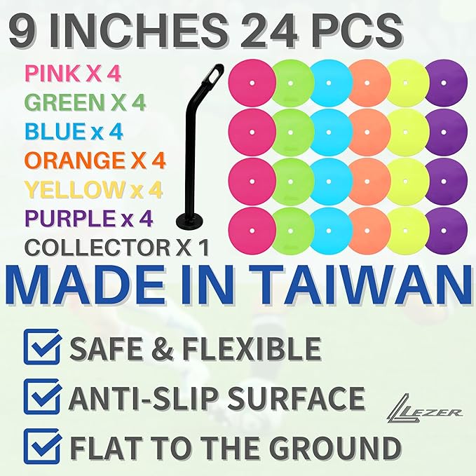 LEZER 9 Inch Flat Cones, Spot Markers, Soccer Cones, Field Court Markers, Sit Spots, Flat Discs, Soccer Training Equipment, Agility Practice, Football, Made in Taiwan