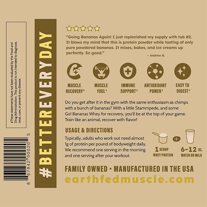 Earth Fed Muscle Go! Bananas Irish Grass‑Fed Whey Protein Isolate – All Natural Banana Flavor, Zero Added Sugar, Soy‑Free, Gluten‑Free (2lb, 27 Servings, Banana)