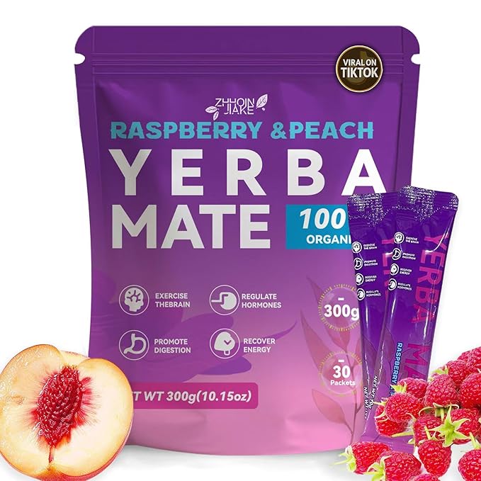Yerba Mate Instant Tea Powder - Raspberry Peach Flavor - Gut Health & Clean Energy Super Drink with Nootropics, Prebiotics & Probiotics - Energy Boost & Focus - 30 Sticks (300g)