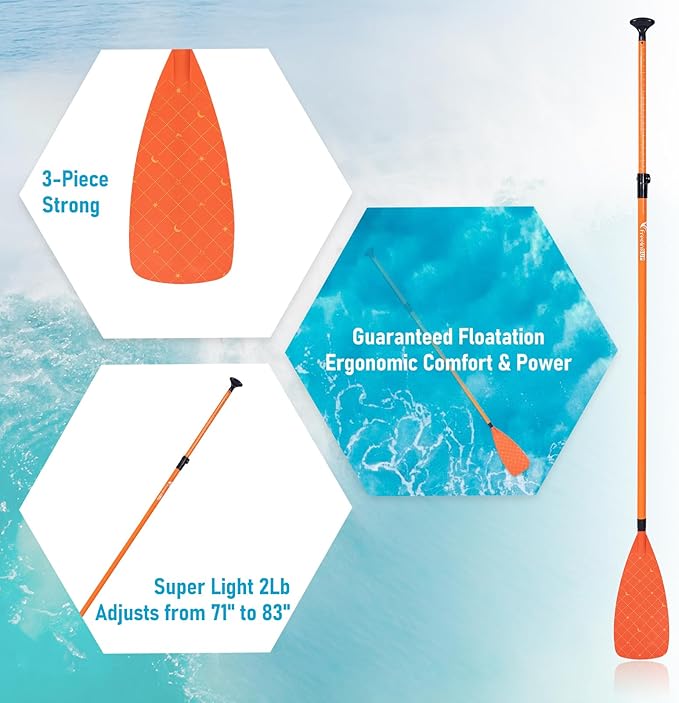 Freein 3-Piece Adjustable & Floating SUP Paddle - Fiberglass Shaft, Nylon Blade (71-83")