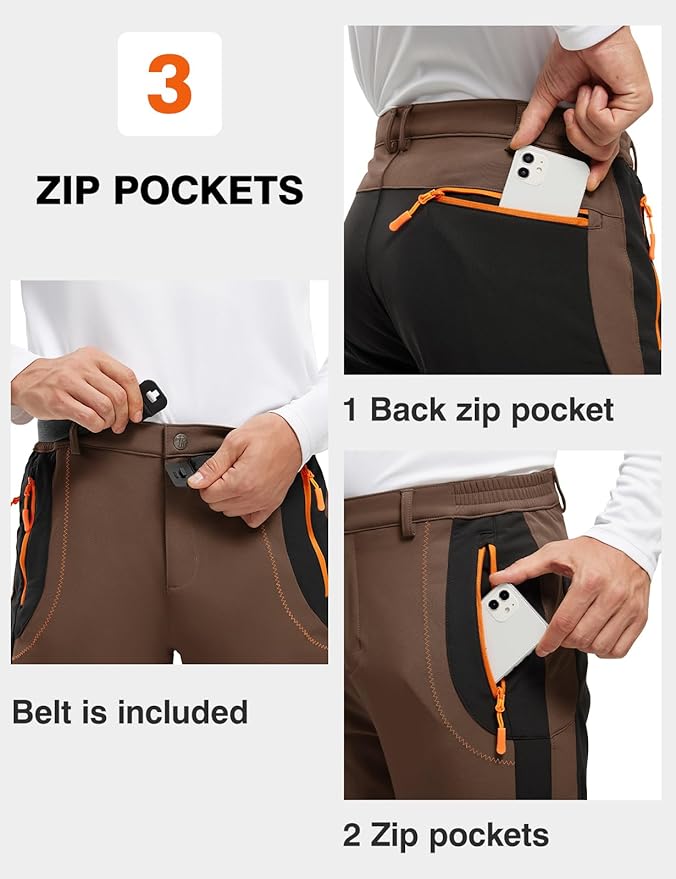 TBMPOY Men's Snow Ski Hiking Pants Waterproof Winter Fleece Lined Pants Camping Skiing Ice Fishing Pants with Belt