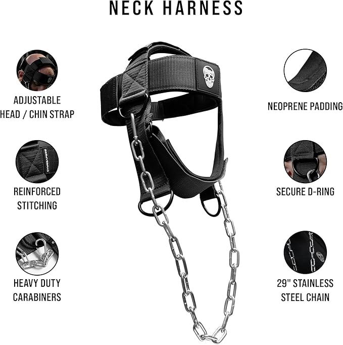 Gymreapers Neck Harness - Heavy Duty Stainless Steel Chain, Adjustable Neoprene Strap, Trainer for Strength & Pain Relief