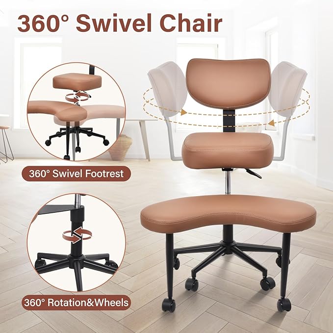 Meditation Chair Cross Legged ADHD Office Chair for Adults with Wheels Ergonomic Back Support and Leg Rest for Multi Position Criss Cross Sitting Kneeling and Yoga Height Adjustable, Leather Style