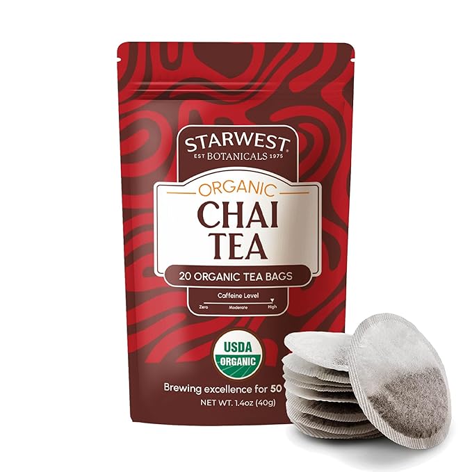 Starwest Botanicals Organic Chai Tea - Caffeinated Herbal Blend with Black Tea & Cinnamon, String Free Sachets, USDA Organic, Non GMO - 20 Tea Bags