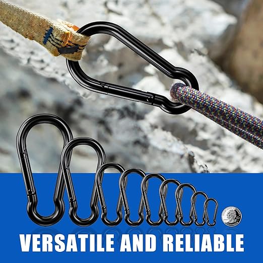KINLINK 2 Pack Black Carabiner Clip, 4 inch Heavy Duty Spring Snap Hook, Caribeener Clips for Outdoor Camping, Swing Set, Hammock, Hiking Travel, Fishing, Weight Lifting Machine