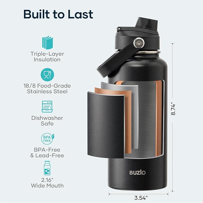 BUZIO Stainless Steel Water Bottle (Cold for 48 Hrs, Hot for 24 Hrs), 32 oz Vacuum Insulated Water Bottle with Straw Lid and Flex Cap (Double Wall, Wide Mouth, BPA Free, Leak Proof), Black