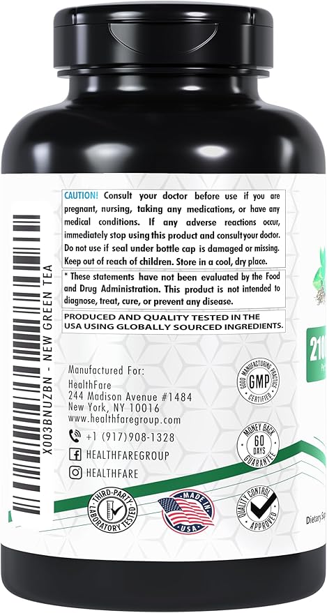 EGCG Green Tea Extract Supplement, 2100mg | 200 Capsules | Standardized 50% EGCG, 98% Polyphenols | 80% Catechins | Non-GMO | Gluten-Free