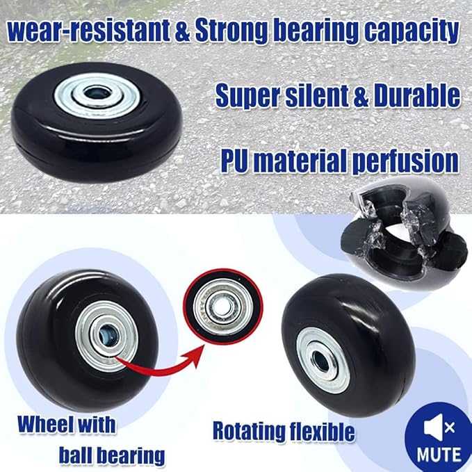 Replacement Wheels for Trolley Suitcases - 60mm 4-Piece Set with Axles, Swivel Rubber Inline & Roller Bearings