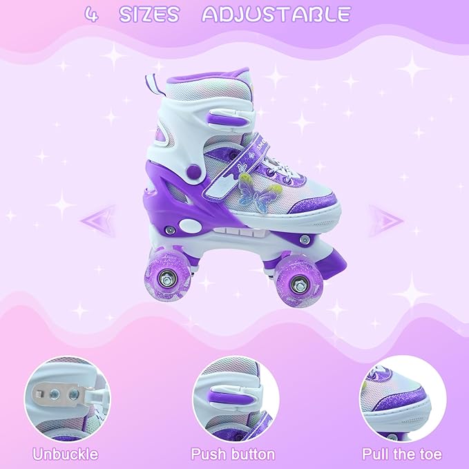 Kids Roller Skates for Girls-Outdoor 4 Size Adjustable Butterfly Quad Rollerskates for Indoor Ages 3-12 Years Beginners Children's Birthday Gift with Light Up Wheels patines para niñas Indoor