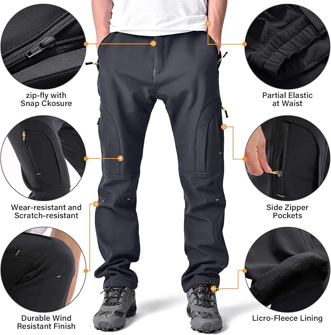 Toomett Men's hiking Snow Pants Skiing Winter Insulated Fleece lined Outdoor Water Repellent camping,walking,fishing