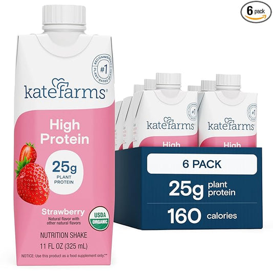 KATE FARMS Organic High Protein Strawberry Nutrition Shake, 25g Protein, 6g Fiber, 27 Vitamins and Minerals, 0g Sugar, Protein Drink, 11 oz (6 Pack)