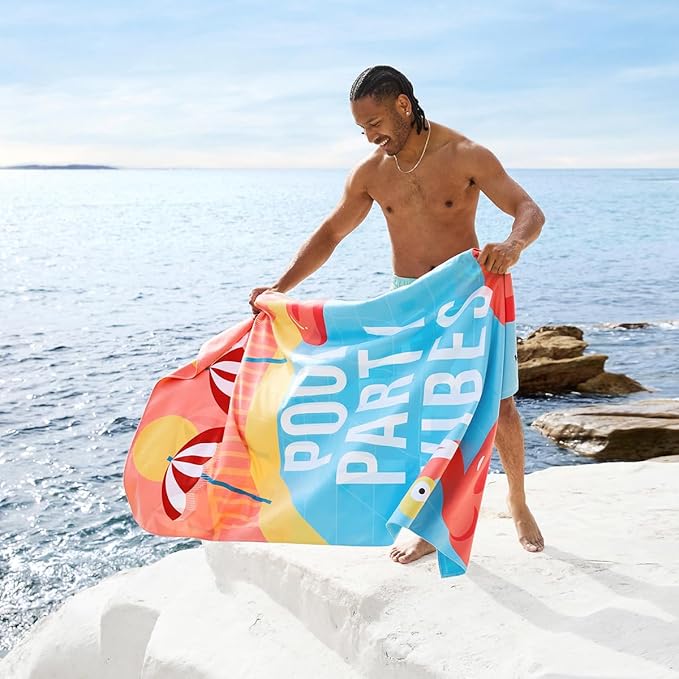 Dock & Bay Beach Towel - Quick Dry, Sand Free - Compact, Lightweight - 100% Recycled - Includes Bag - Pool Party Vibes - Large (160x90cm, 63x35)