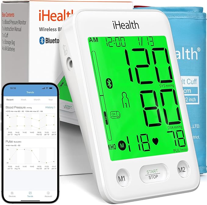 iHealth Accu Luminate Arm Blood Pressure Monitor – 4.5" Large Tri-Color WHO-Based LCD, Clinically Validated Accuracy, Irregular Heartbeat Alert, Bluetooth Cloud Sync, Adjustable Large 8.6"–17" Cuff