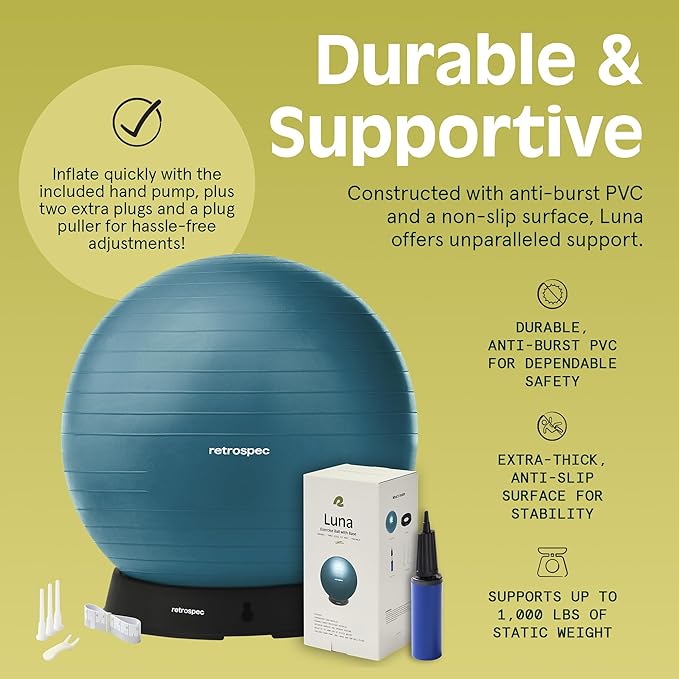 Retrospec Luna Exercise Ball, Base & Pump/Ball & Pump with Anti-Burst Material - Fitness Gym Swiss Ball - Perfect for Balance, Stability, Yoga, Pilates, Pregnancy & Birthing