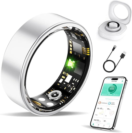 Smart Ring for Women & Men, Smart Ring Health Tracker, Blood Oxygen & Heart Rate Monitor Sleep Ring, Waterproof Fitness Ring, Long Lasting Battery Smart Rings (Silver, 10)