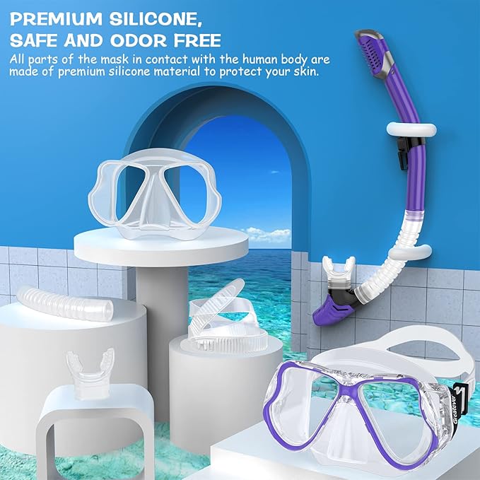 Greatever Dry Snorkel Set,Panoramic Wide View,Anti-Fog Scuba Diving Mask,Professional Snorkeling Gear