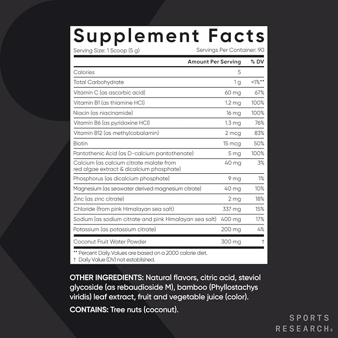 Sports Research® Hydrate Electrolytes Powder - Sugar-Free & Naturally Flavored with Vitamins, Minerals, and Coconut Water - Supports Hydration - Cherry Pomegranate - 90 Servings