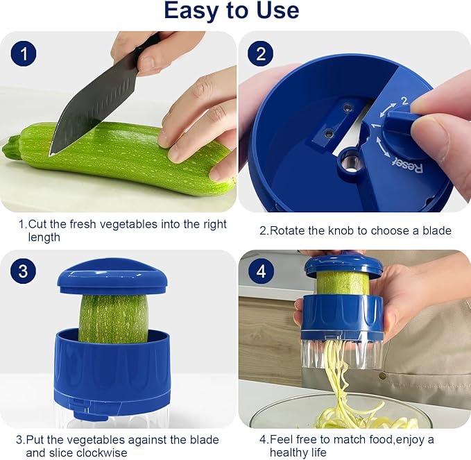 3 in 1 Vegetable Spiralizer Slicer, Adjustable Zucchini Carrot Noodle Maker, Cucumber Spiral Cutter, Easy to Use Kitchen Tool（Blue）