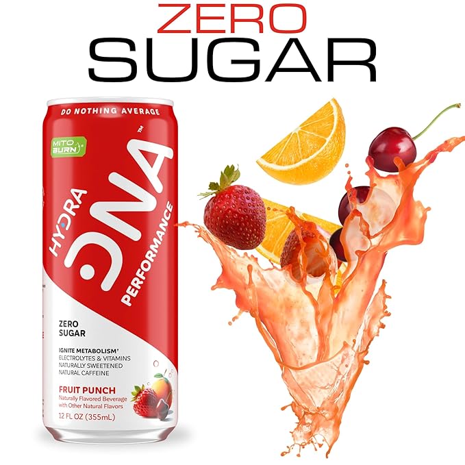 HYDRADNA- Clean Performance Drink, Zero Sugar | For Natural Fuel, Alertness, Boost, Stamina,120 mg Organic Caffeine, Natural Flavors, Zero Sucralose, Clean Ingredients (12 Pack) (12 Pack, Fruit Punch)