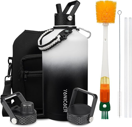 Insulated Water Bottle 64oz,Triple Wall Vacuum Stainless Steel(Dishwasher Safe),Leak Proof & Non-BPA,Flask Jug with Paracord Handle & Straw Spout Lids Sports