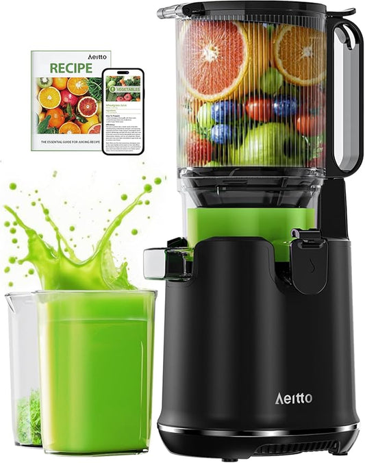 Juicer Machines,Aeitto Cold Press Juicer with 5.3“ Extra Large Feed Chute for Whole Fruits & Vegetables, Juice Extractor Machine, Self Feeding, Easy to Clean, High Juice Yield, Black