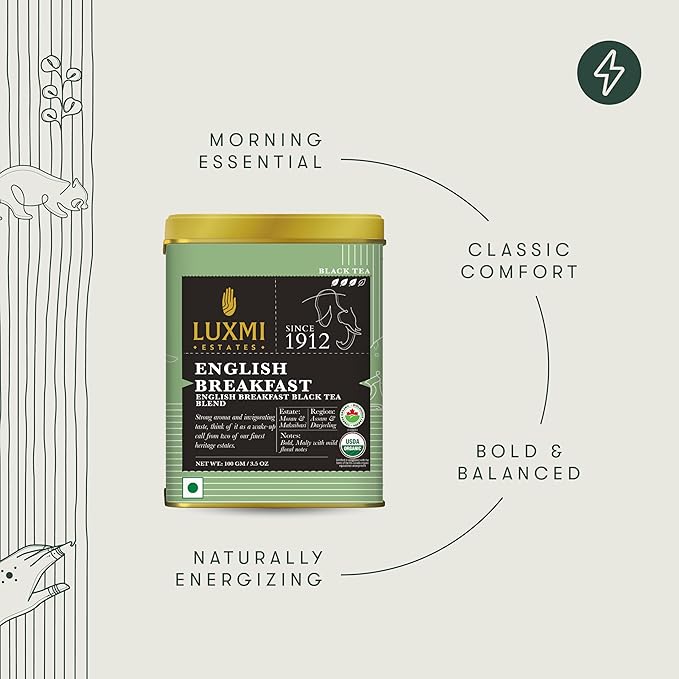 Luxmi Estates - Tale of Two Estates - Organic English Breakfast Tea - Loose Leaf - 100g (50 Cups) | Made with Organic Darjeeling & Assam Tea from India | Smooth, Flavorful, Robust and Caffeinated