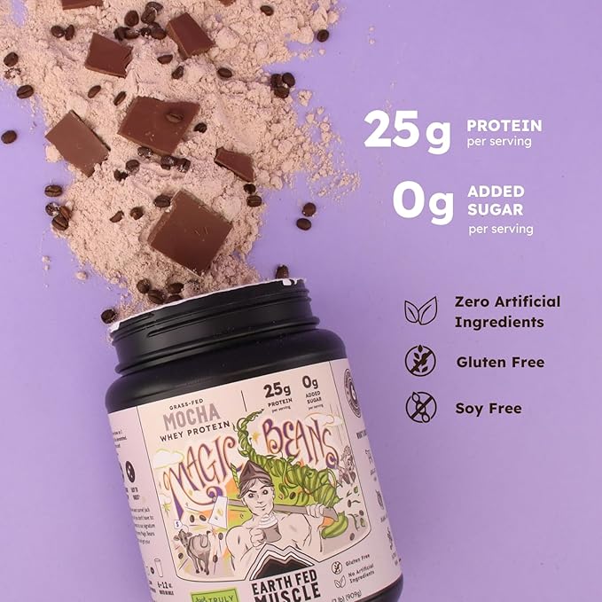 Earth Fed Muscle Magic Beans Mocha Truly Grass Fed Whey Protein Powder - No Artificial Ingredients, Soy Free, Gluten Free, Non-GMO and Hormone Free (2 Pound, 29 Servings, Mocha)