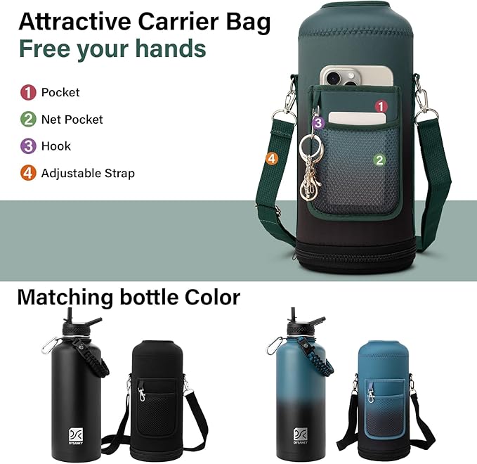 Insulated Water Bottle | Thickened Stainless Steel for Gym and Hiking with Straw, Carrier Bag, Handle Strap | BPA-Free 87 oz