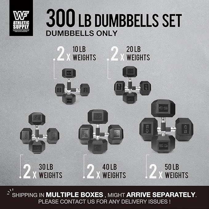 WF Athletic Supply Rubber Encased Hex Dumbbells with Rubber Grip Contoured Handle for Muscle Toning, Strength Building & Full Body Workout