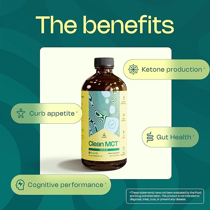 LevelUp Clean MCT Oil - 100% Caprylic C8 for Energy, Focus, Weight Management, Gut Health, Brain Superfuel - Keto Supplement for Ketogenic Coffee and Ketones - Non-GMO (16 oz Glass Bottle)