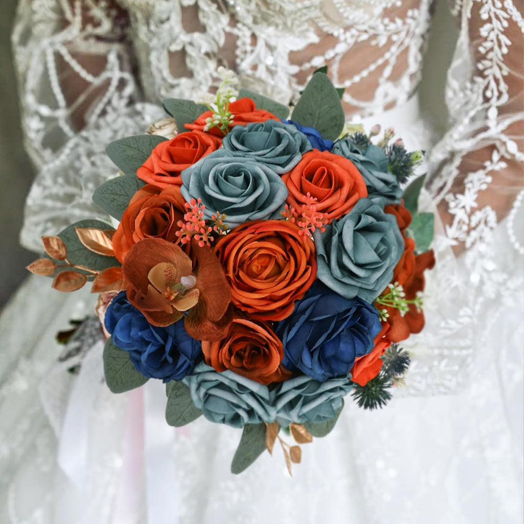 Artificial Flowers Combo for DIY Wedding Bouquets Combo Centerpieces Arrangements Party Bridal Baby Shower Home Decorations-Teal&Terracotta