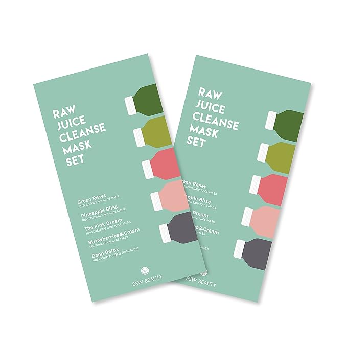 ESW Beauty Raw Juice Face Masks - 10-Pack Variety Set - Hydrating, Anti-Aging, Moisture Repair, Pore Control, Soothing & Revitalizing with Watermelon, Kale & Charcoal