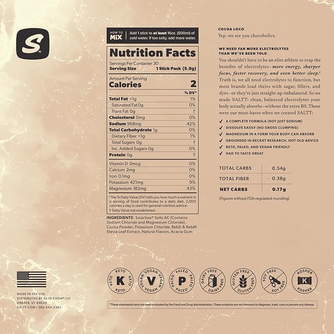 Keto Chow SALTT Electrolytes Powder Packets, Cocoa Loco (30 Hydration Packets) - Magnesium, Potassium, Sodium, Trace Minerals - Vegan, Gluten Free, Sugar Free - Travel Essentials - Made in USA