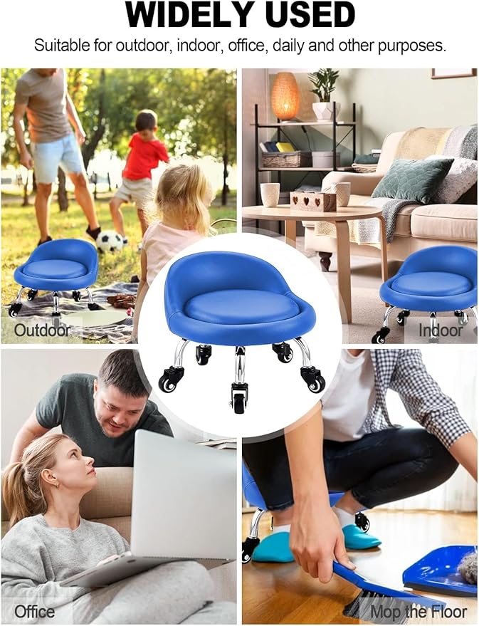 Lanstics Low Roller Seat Stool with Universal Swivel Wheels Leather Rolling Stool Seats with Cushion Backrest 360 Rolling Stools for Home Office Fitness (Blue)