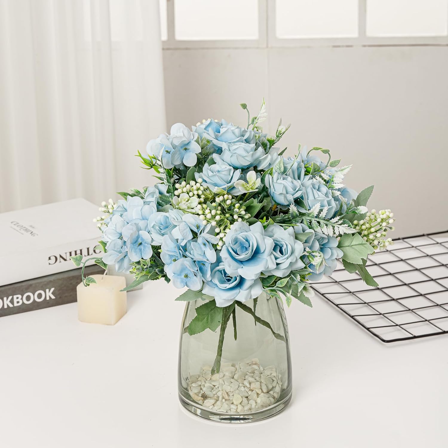 Artificial Flower 5 Branches Artificial Silk Fake Flowers Bouquet Small Roses for Wedding Home Office Tables Decor 2 Packs(Light Blue)