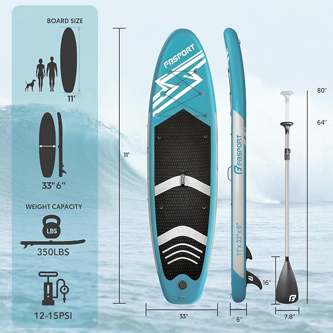 FBSPORT 11' Premium Stand Up Paddle Board, Yoga Board with Durable SUP Accessories & Carry Bag | Wide Stance, Surf Control, Non-Slip Deck, Leash, Paddle and Pump for Youth & Adult