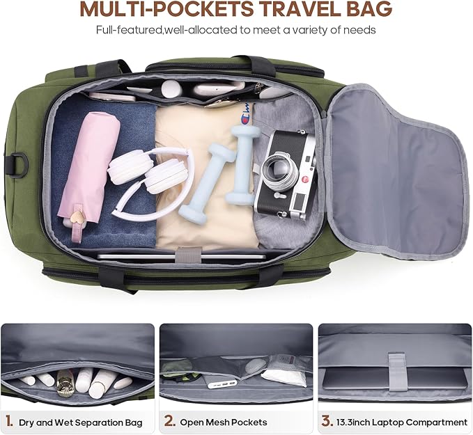 Gym Bag for Men and Women with Shoe & Laptop Compartment, 3-in-1 Sports Travel Duffel Bag Anti-Theft Weekender Carry-On Backpack for Airplane & Workout, Overnight Travel Bag,35L (Green, Medium)