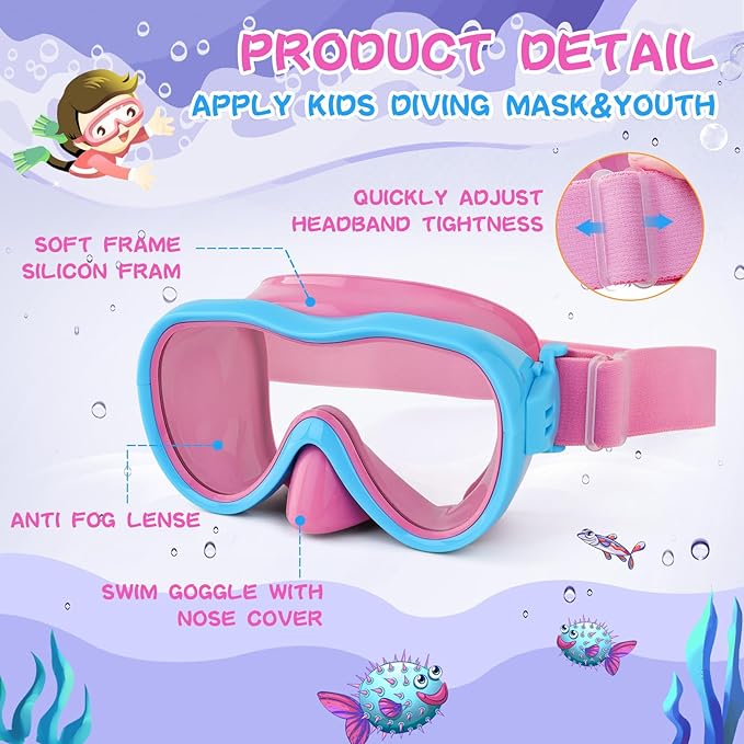 Kids Swim Goggles 180° Snorkel Diving Mask with Nose Cover, Anti-Fog Kids Swimming Goggles with Elastic Fabric Strap for Kids Boys Girls