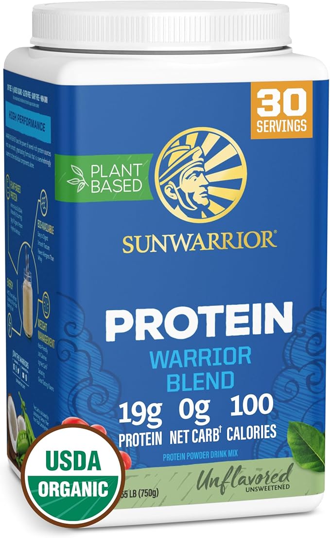 Vegan Organic Protein Powder Plant-based | BCAA Amino Acids Hemp Seed Soy Free Dairy Free Gluten Free Synthetic Free NON-GMO | Unflavored 30 Servings | Warrior Blend by Sunwarrior