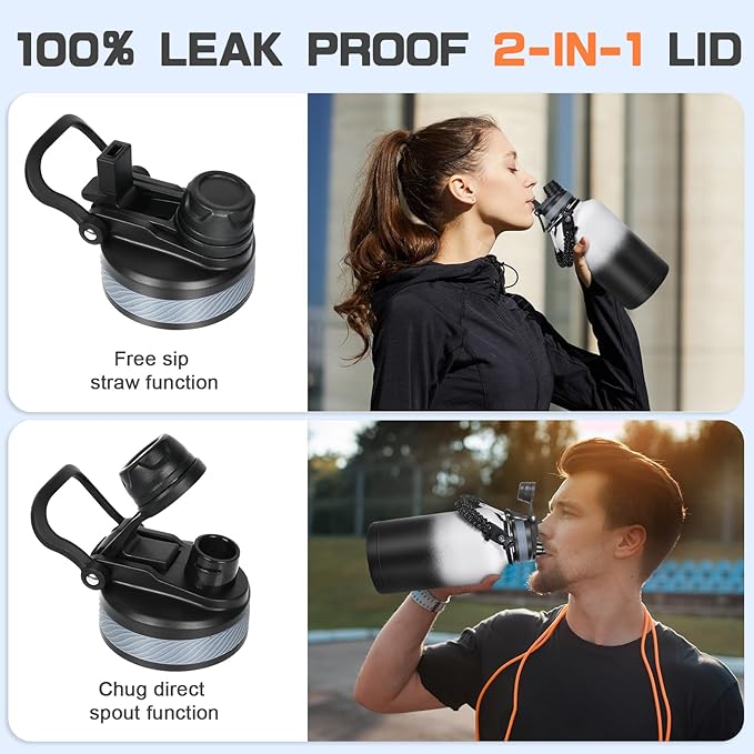 Insulated Water Bottle 64 oz, Half Gallon Water Jug Cold 48H, BPA Free Stainless Steel Bottles with Straw/Chug 2-in-1 Lid, Bag, Paracord Handle, Silicone Boot, Sports Gym School Metal Flask